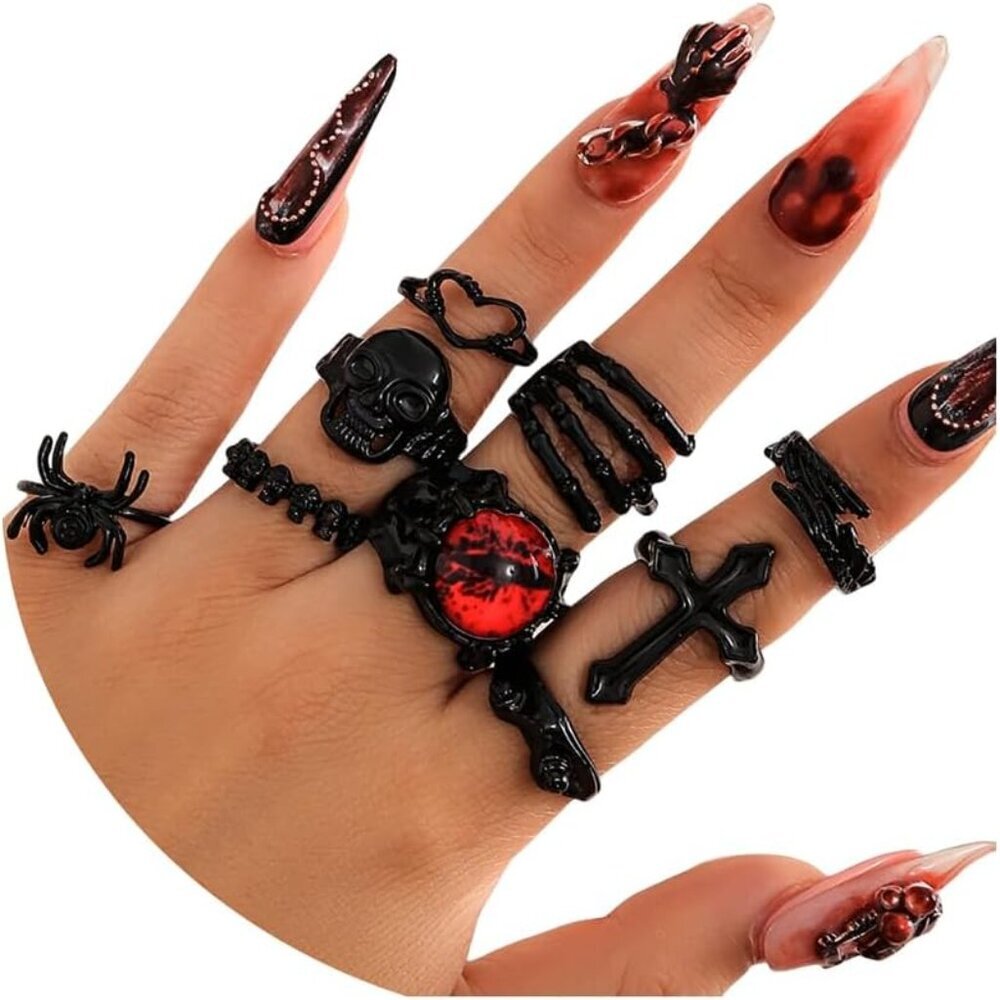 Vintage Gothic Ring Set for Women & Girls - Dark, Blood Red, Demon Eye, Cross, S